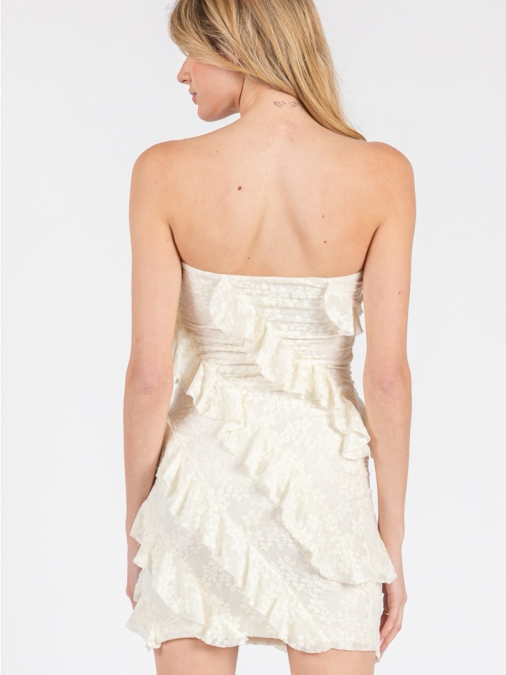 Vintage Ivory Strapless Ruffle Lace Mini Dress - Picture 3 of 5